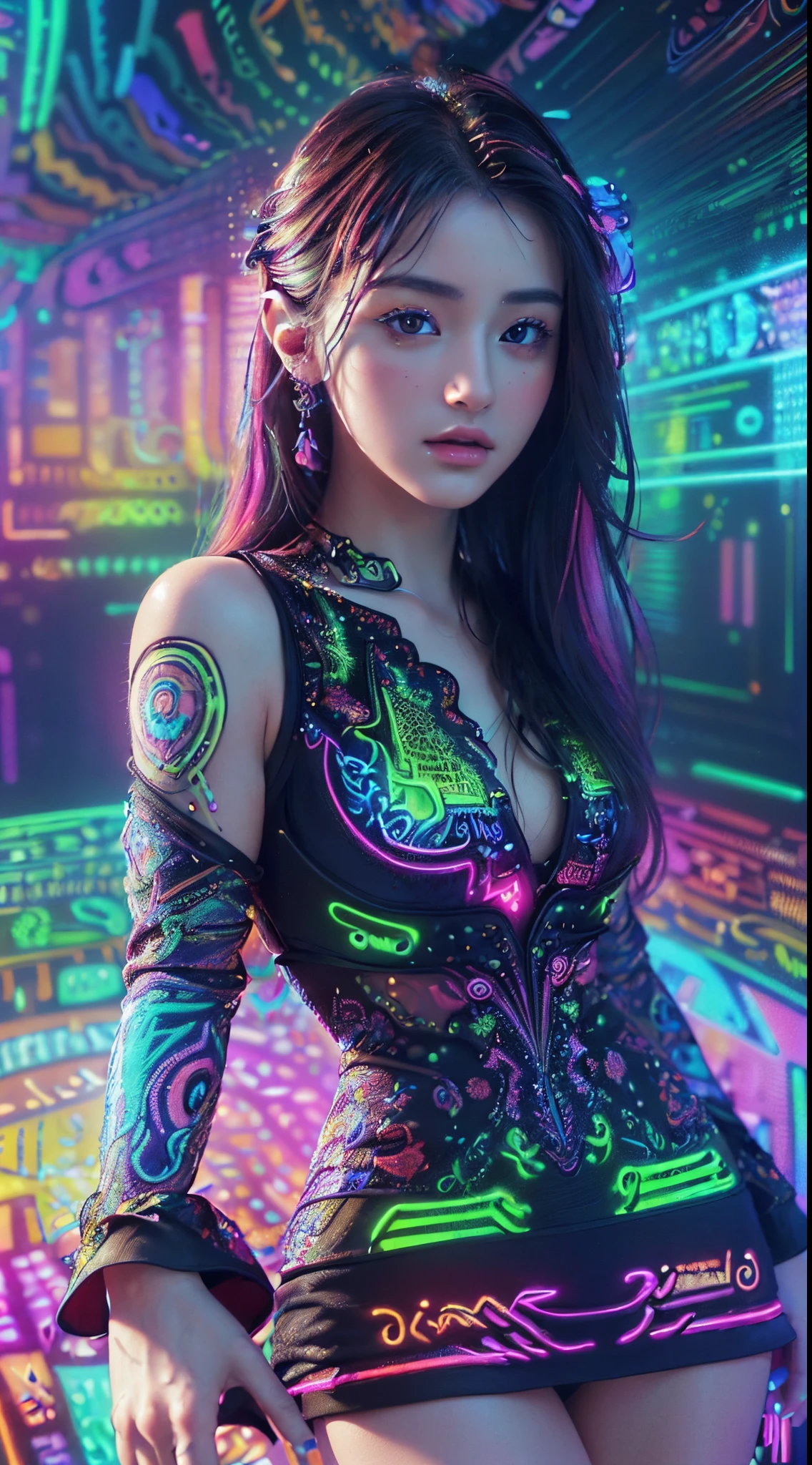 (masterpiece, top quality, best quality, official art, beautiful and aesthetic:1.2), (1girl:1.3), extremely detailed,(fractal art:1.2),colorful,highest detailed,( zentangle neon:1.2), (dynamic pose), (abstract background neon:1.5), (treditional dress:1.2), (shiny skin), (many colors:1.4), upper body ,Neon,16K,Full HD