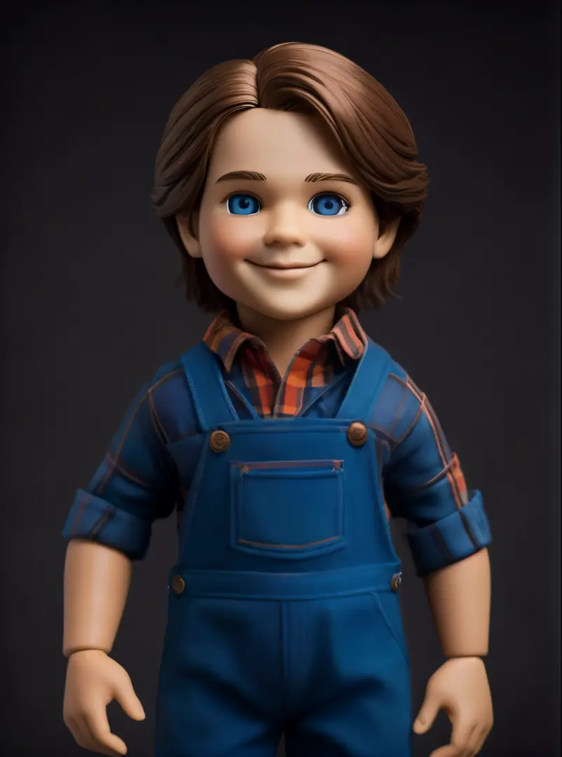 Drawing of a Good Guy doll, inspired by the doll, is a ventriloquist doll with a . plaid t-shirt and jumpsuit Your chuky straight hair is so brown, Your blue eyes shine, image in very high quality.