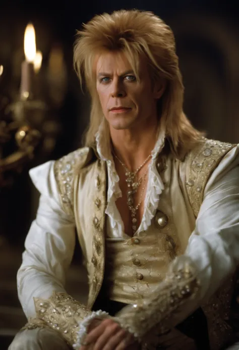 A photo of Jareth, the Goblin King, standing in the center of a grand hall, surrounded by swirling gusts of wind and mystical lights,Labyrinth,Jareth has long spiky blonde hair, purple eyeshadow with cat-eye eyeliner, wears a frilly shirt and tight pants, ...