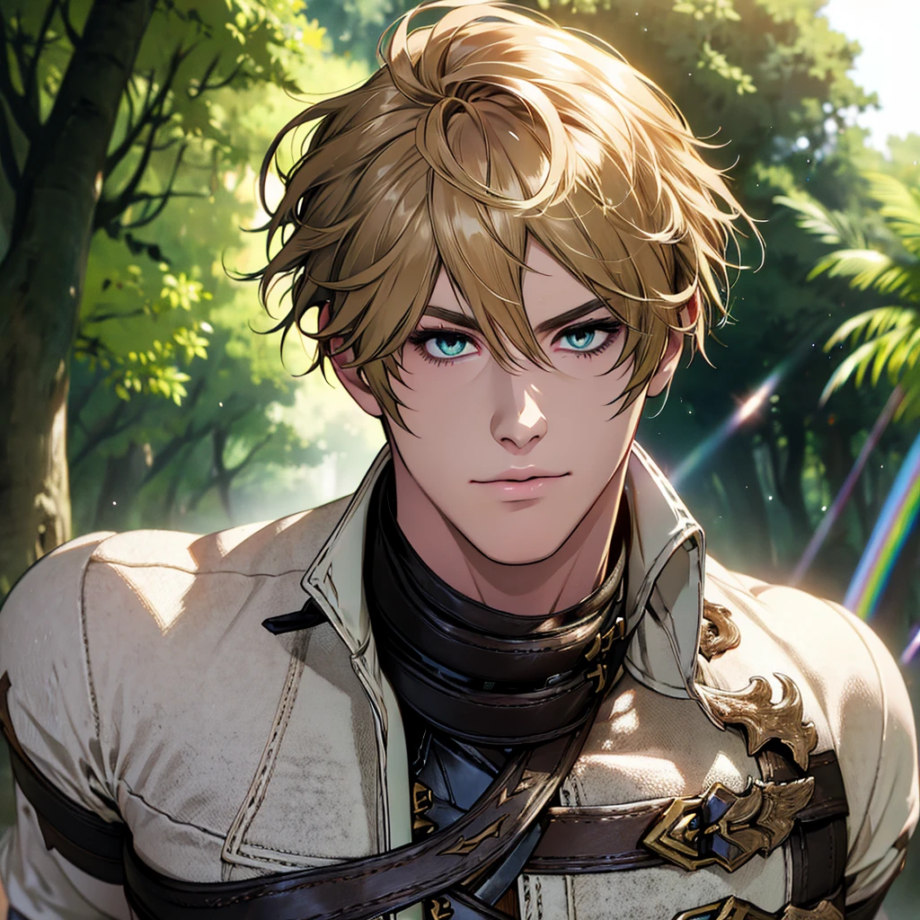 (absurdres, highres, ultra detailed,  HDR), 1boy, solo, handsome, (tall muscular guy, broad shoulders), finely detailed eyes, ((fluffy short light brown hair)), hair between eyes, forehead, emerald green eyes, magical spell, fantasy, ((portrait)), face focused, fairy colorful forest scenery, colorful light, rainbow colored trees, fantasy greek castle, closed mouth, looking away, depth of field, sunlight, flare