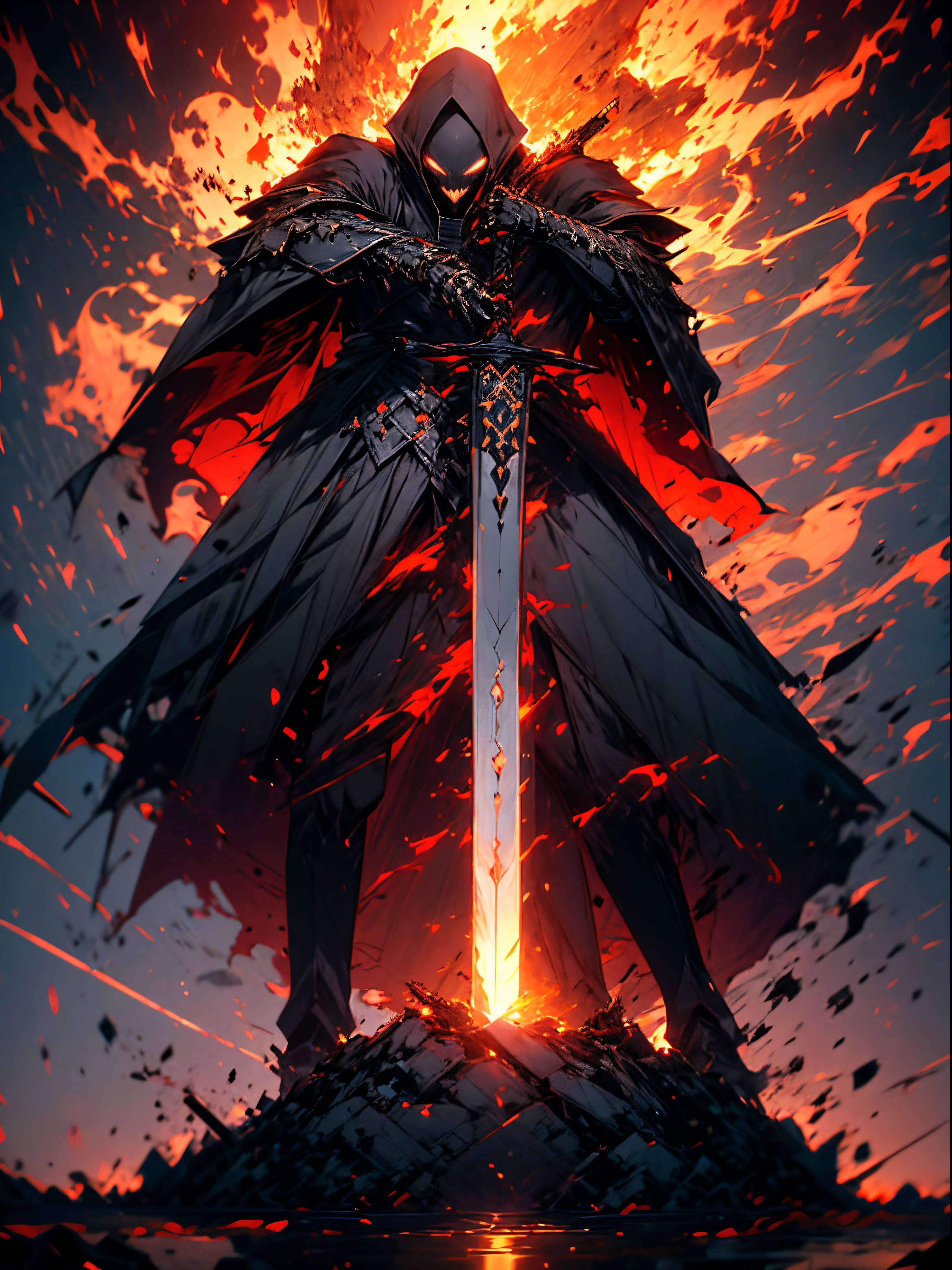 personagem de anime com espada em frente a um prédio, fallen cavaleiro, from arcavaleiros, gothic cavaleiro, evil cavaleiro, o estilo do wlop, fantasy cavaleiro, cavaleiro, imperador real, dark souls cavaleiro, armadura banhada em branco, vestindo armadura pesada com capa, armadura pesada preta com detalhes dourados, arte cg de anime suave, artorias, Espada brilhante