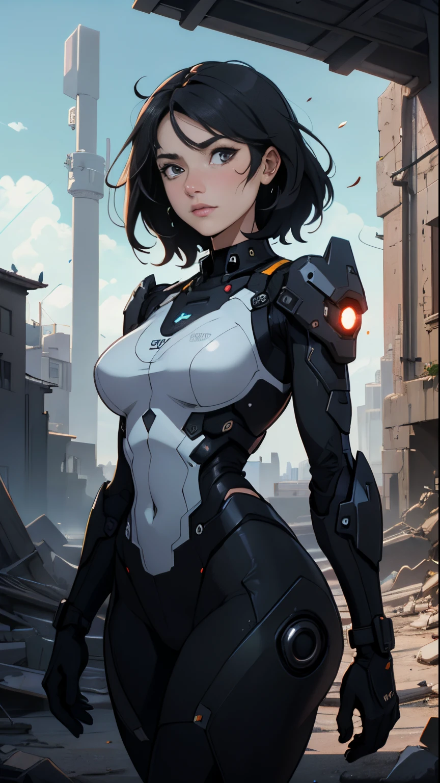 ((best qualityer)), ((Masterpiece artwork)), (very detailled:1.3), ((Beautiful sfw black woman)) cyberpunk with his drone in the ruins of a city in the forgotten war, Ancient Technology, HDR (High Dynamic Range), ray tracing, Super Resolution, unreal 5, sub-surface Scattering, Post-processing, Depth of field, Maximum Sharpness and Sharpness, multi-layered texture, albedo and highlight maps,  surface shading, Precise simulation of light-material interactions, perfectly proportions, octane rendering, Duotone Lighting, Low ISO, white-balance, rule of thirds, Wide aperture, 8K RAW, high-efficiency sub-pixels, subpixel convolution, glow particles, light scattering, Tyndall effect (fully body), (a delicate facial features), (perfect face), Dynamic angles.