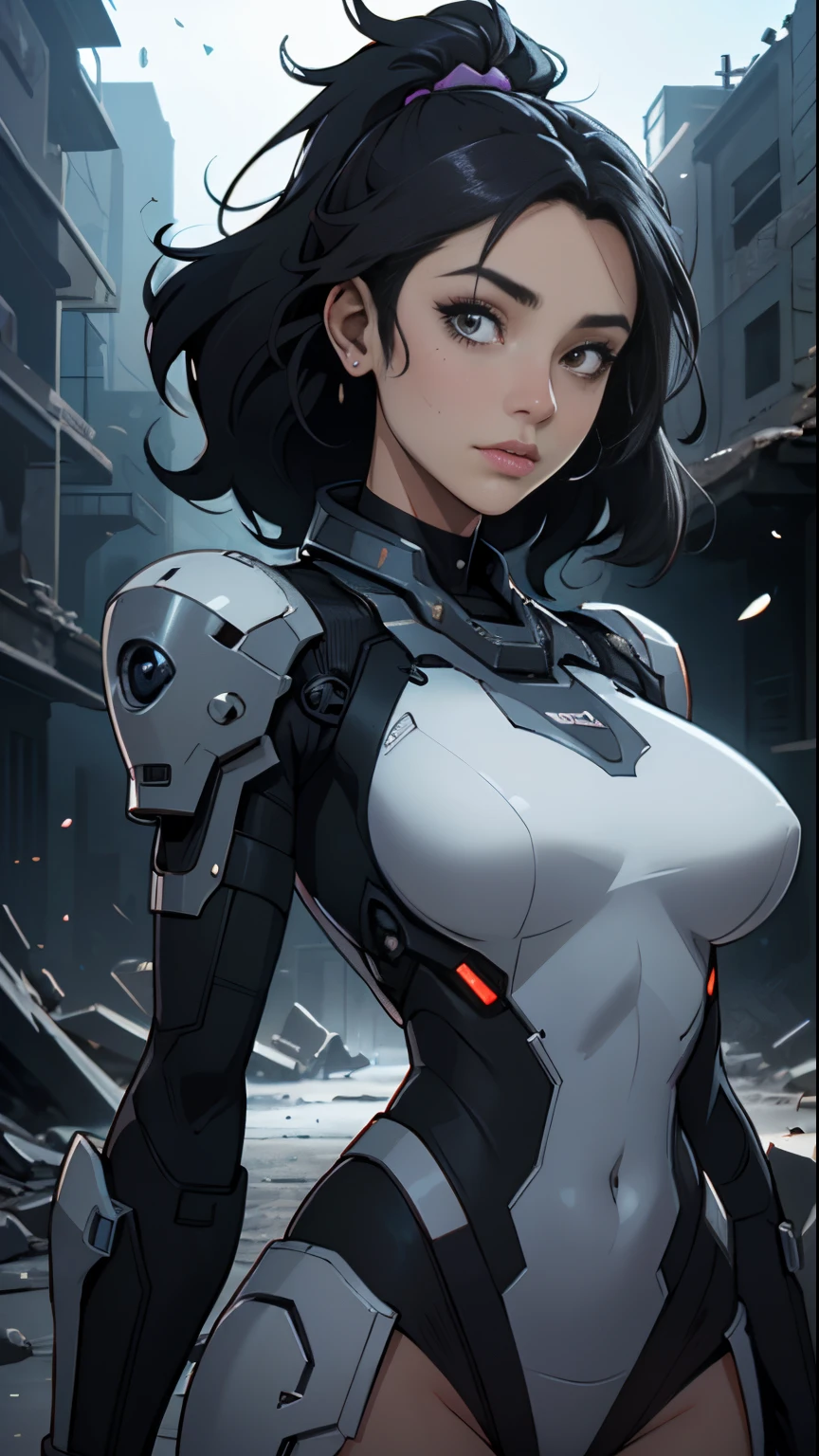 ((best qualityer)), ((Masterpiece artwork)), (very detailled:1.3), ((Beautiful sfw black woman)) cyberpunk with his drone in the ruins of a city in the forgotten war, Ancient Technology, HDR (High Dynamic Range), ray tracing, Super Resolution, unreal 5, sub-surface Scattering, Post-processing, Depth of field, Maximum Sharpness and Sharpness, multi-layered texture, albedo and highlight maps,  surface shading, Precise simulation of light-material interactions, perfectly proportions, octane rendering, Duotone Lighting, Low ISO, white-balance, rule of thirds, Wide aperture, 8K RAW, high-efficiency sub-pixels, subpixel convolution, glow particles, light scattering, Tyndall effect (fully body), (a delicate facial features), (perfect face), Dynamic angles.