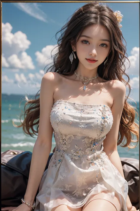 ((knee shot))), ((Front Shooting)), ((actual)), 1个Giant Breast Girl, Posing for photos, Outdoor activities, Seafront, mostly cloudy sky, standing on your feet, Cross ed leg, pretty legs,looking at viewert, detailed scene, curlies, Air bangs, beautiful hair...