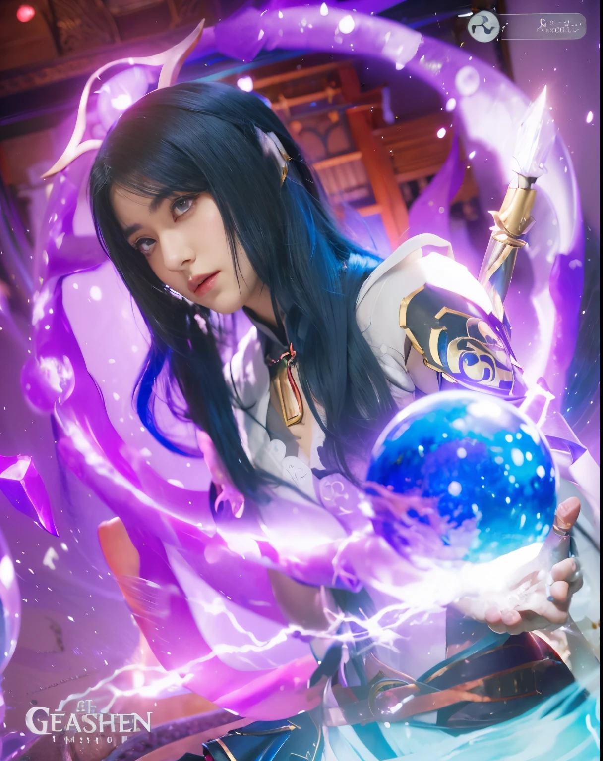 ((Raiden Shogun_Genshin impact)),((realistic, photorealistic)),(highlight hair)), Light reflection, (( HD )), navel, detached sleeves,((upper body)), (((best quality, masterpiece))), arafed image of a woman with blue hair holding a crystal ball, Raiden Shogun from genshin impact, maya ali as a lightning mage, Raiden Shogun from genshin impact, closeup portrait of an mage, black - haired mage, maya ali as a d&d sorcerer, an arcane wizard casting a spell, mage, beautiful celestial mage,Reflection of light in hair, background of Red Japanese temple,anime girl with purple hair and horns holding a purple and black weapon, Detailed digital anime art, Portrait Chevaliers du Zodiaque Fille, Extremely detailed Artgerm, 2. 5 D CGI anime fantasy artwork, Anime fantasy artwork, Digital anime art, style of anime4 K, 8K high quality detailed art, Fanart Meilleure ArtStation, Art germ. High detail