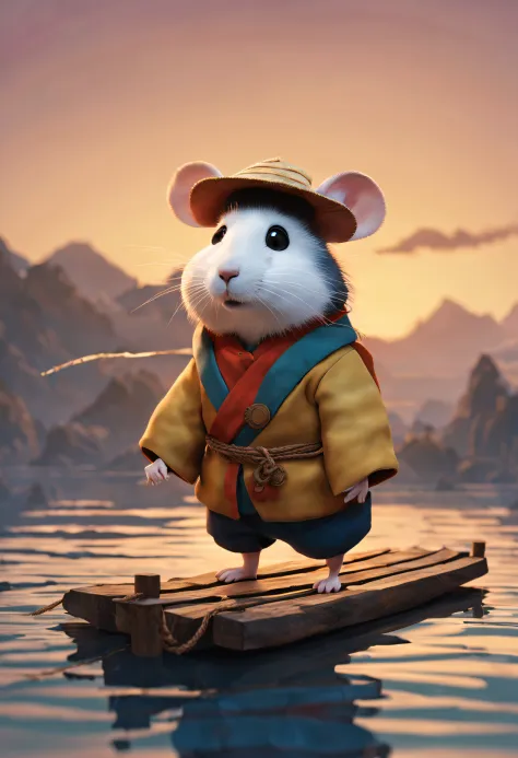 hagi yuan yuan style，scenography, very unified cg design,  (hamster adventurer stands on a broken raft made of wood and rope）， w...