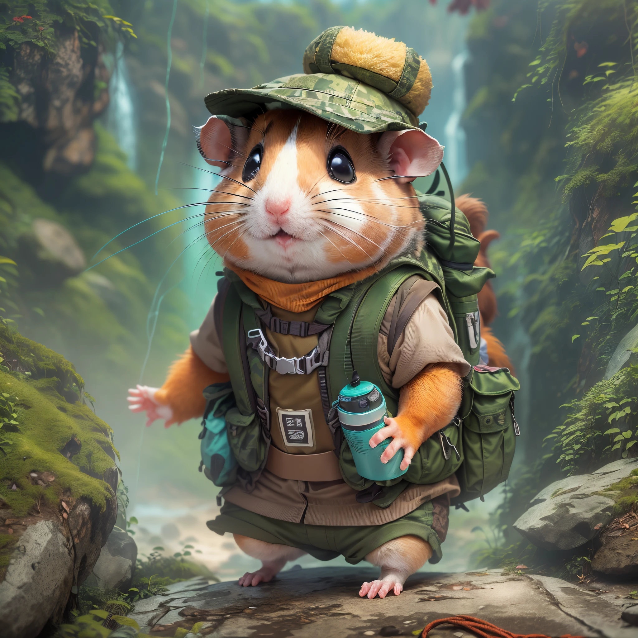 (1 cute hamster adventurer，Hamster adventurer wears a lightweight yet hard-wearing adventure outfit。A camo-colored adventure vest，Plenty of pockets for carrying gadgets and food。Wearing an adventure hat，The hat has a string tied to the chin，Hamster adventurer carries a small backpack，A rope tied to the backpack。A backpack filled with essential adventure tools，like a small compass，Bring a small hiking pole)，(((Hamster adventurer climbing a mountain，Mayan temple))），(((The background is a primitive jungle)))，(电影灯光, first person perspective, angle of view, in a panoramic view, ultra-wide-angle, hyper HD, Anatomically correct, tmasterpiece, acurate, Award-Awarded, Best quality at best)