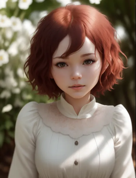 (elegant, beautiful face), transparent white dress, forest moson freckles: 0.8), flower  field, curly red hair, cute mom, magica...