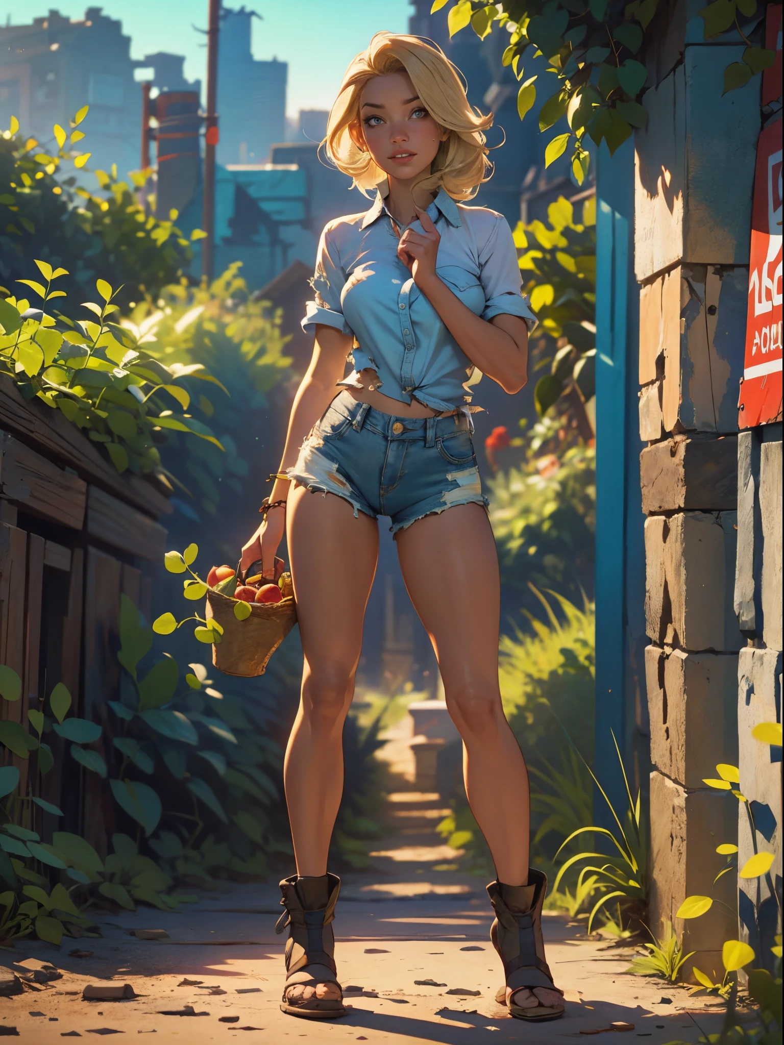 A woman in short shorts and a denim shirt is standing on a sidewalk ...