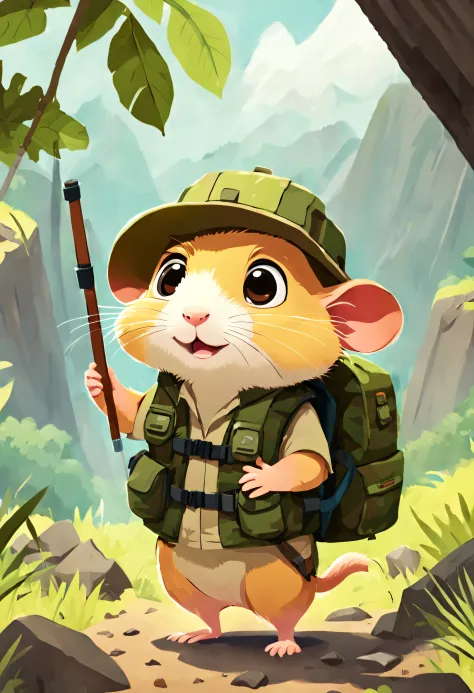 educate children&#39;s book illustration, RGB palette, ((Hamster Adventurer, Wearing a camouflage adventure vest，Ample pockets f...