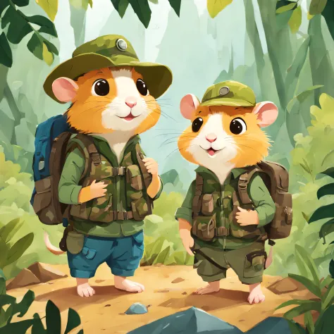 educate children&#39;s book illustration, main color palette, ((Hamster Adventurer, Wearing a camouflage adventure vest，Ample po...