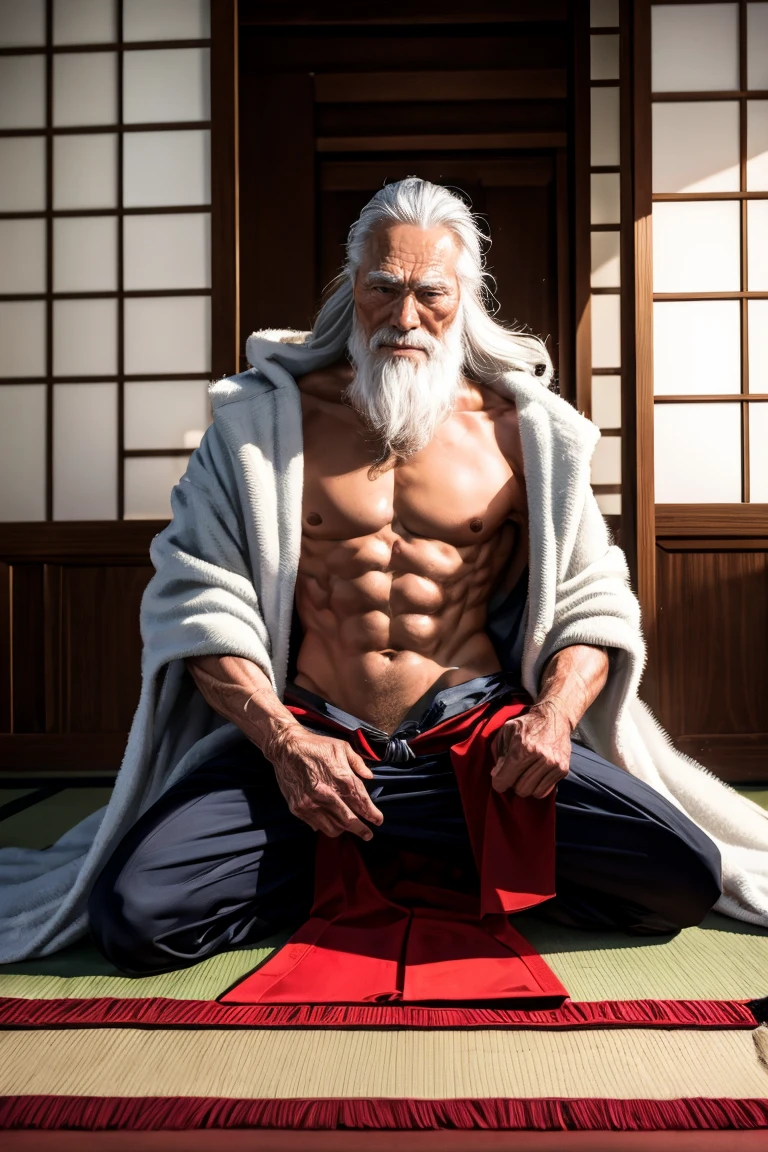 a old man，80-year-old，Shirtless，inside a room，White carpet，bushy white beard，Very long white beard，thick white eyebrows，Deep wrinkles，Dark skin，Compliant，remorse，low head，Don't look at the lens。Katana in hand,Wearing Chinese Tang Dynasty armor,kneeling to sitting on the ground，Shirtless，Chest flat， note，Japanese seppuku ceremony。japanese art art，blood vessel，The light is dim，Candle candlelight，8K high-definition，movie picture quality，tmasterpiece，detail-rich，accurate fingers。