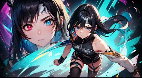 Long hair, graffitti background, full body shot shot, black hair, blue hairband, mole under eye, heterochromia, crystal earrings...