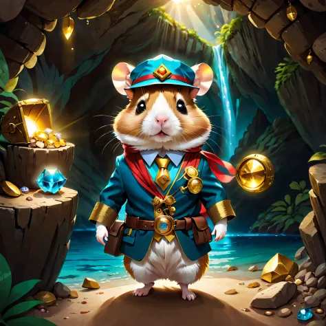 1 cute hamster adventurer walks into a dark cave，A faint ray of sunlight shines through the gap in the suit，Wear a custom advent...