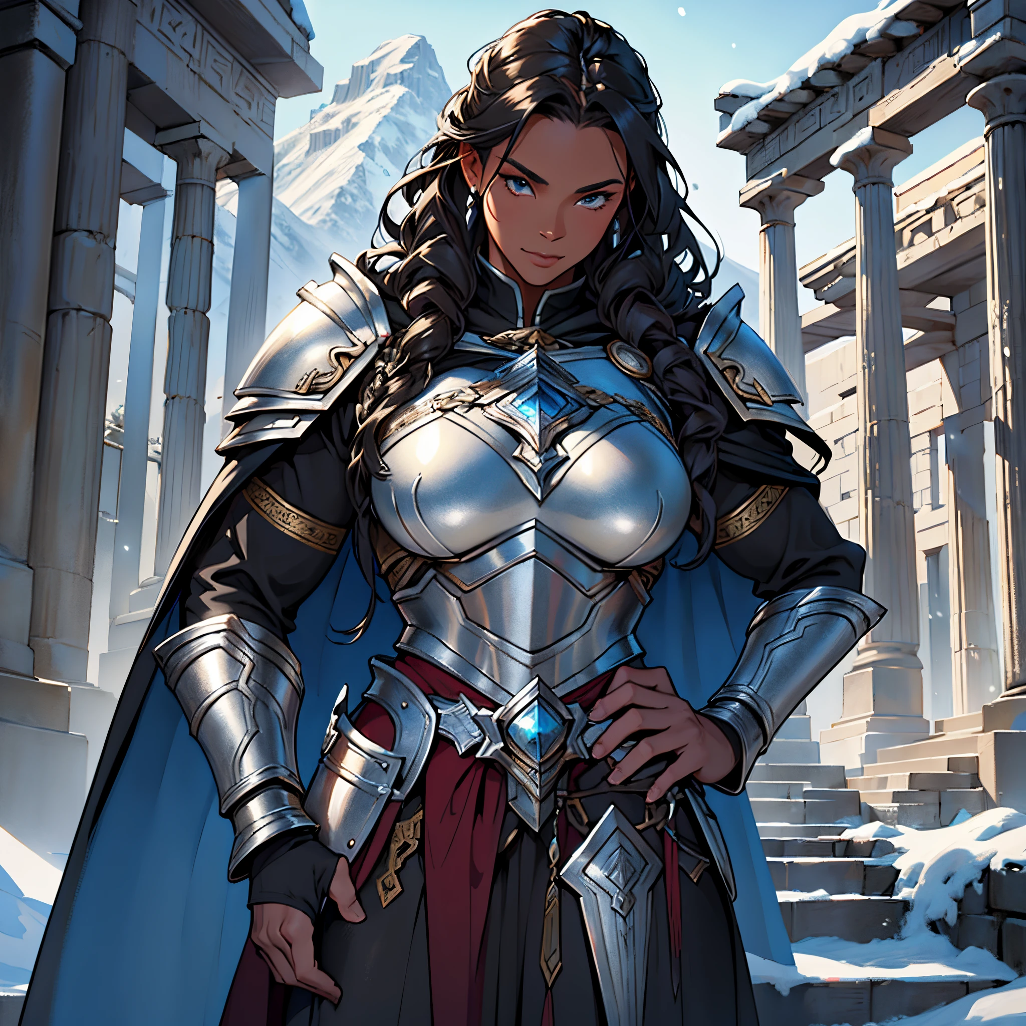 ​masterpiece, Best Quality, 4k, Background with:In front of the snow-covered stairs of a Greek temple with snow-capped mountains in the distance, One female Valkyrie warrior wearing silver armor and dark red cape, A large black man with very dark skin.. ., Stiff look,very curly, Fantasy, close up portrait photo