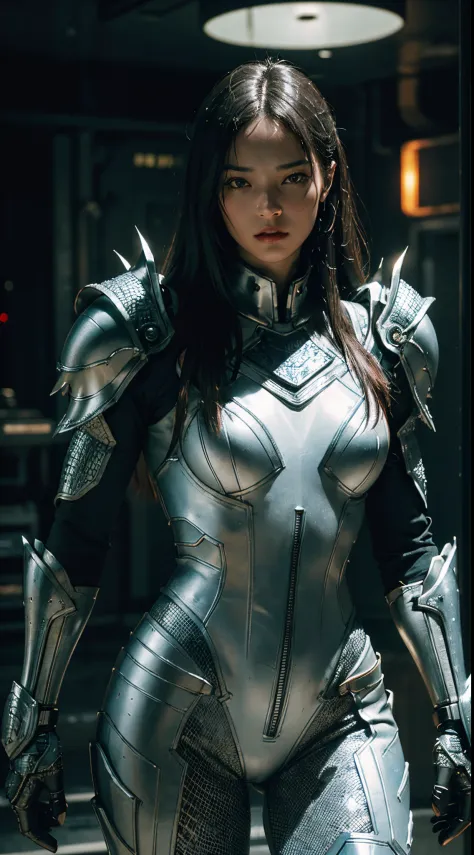 Predator from the movie "predator"，cyberpunk character, silvery-white armor, (Armor made of metal crocodile skin),hi-tech, ((sex...