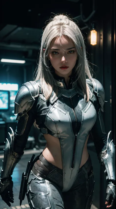 Predator from the movie "predator"，cyberpunk character, silvery-white armor, (Armor made of metal crocodile skin.),hi-tech, ((se...