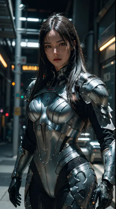 Predator from the movie "predator"，Cyberpunk character，silvery-white armor, (Armor made of metal crocodile skin),hi-tech, ((sexy...