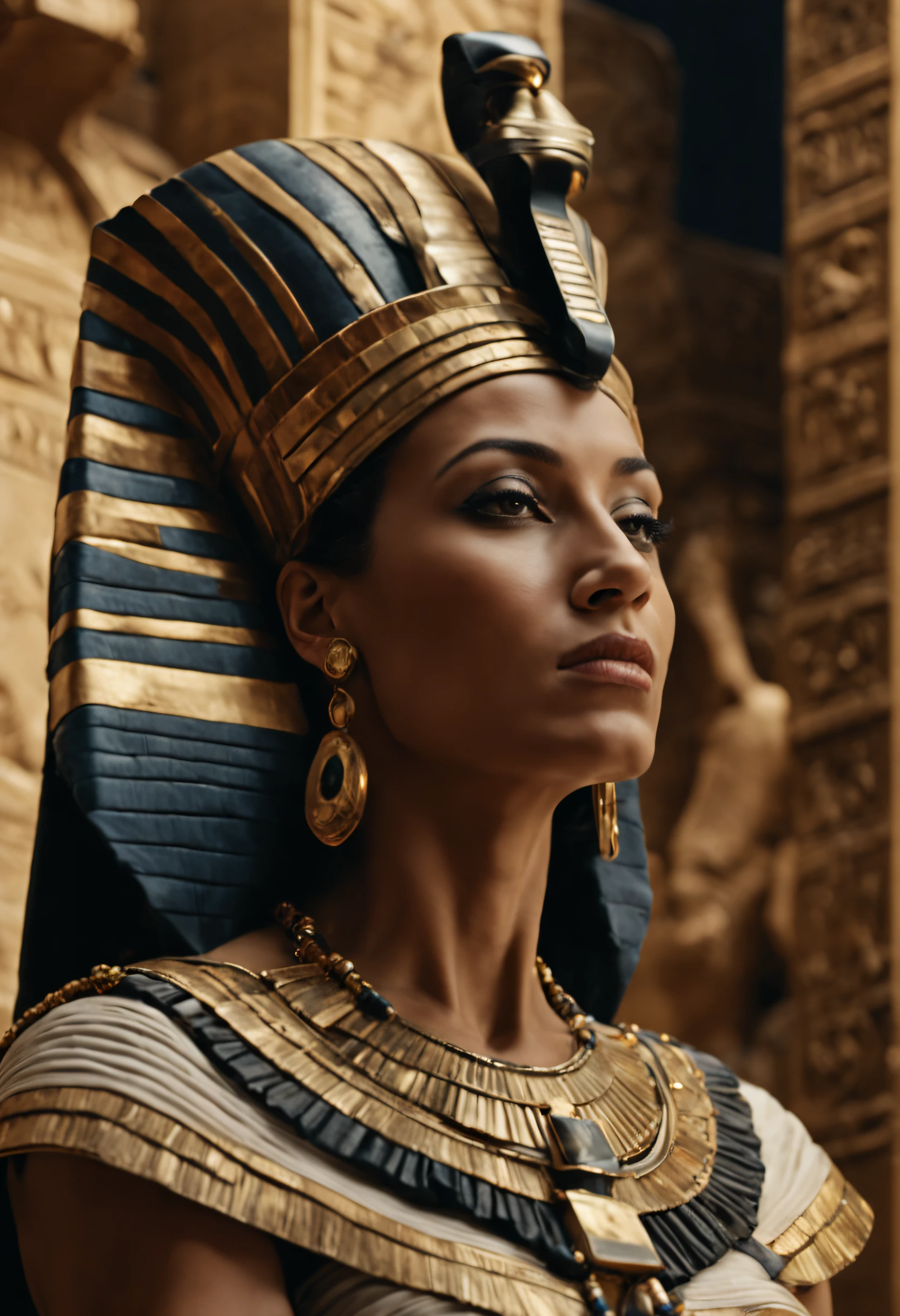 A cinematic portrait of Queen Nefertari, the first wife of Ramesses the Great, adorned in regal attire and jewelry, with a dignified expression, set against a backdrop that captures the grandeur of ancient Egyptian architecture, Realistic 4K cinematic portrait, utilizing dynamic lighting to accentuate her regal presence