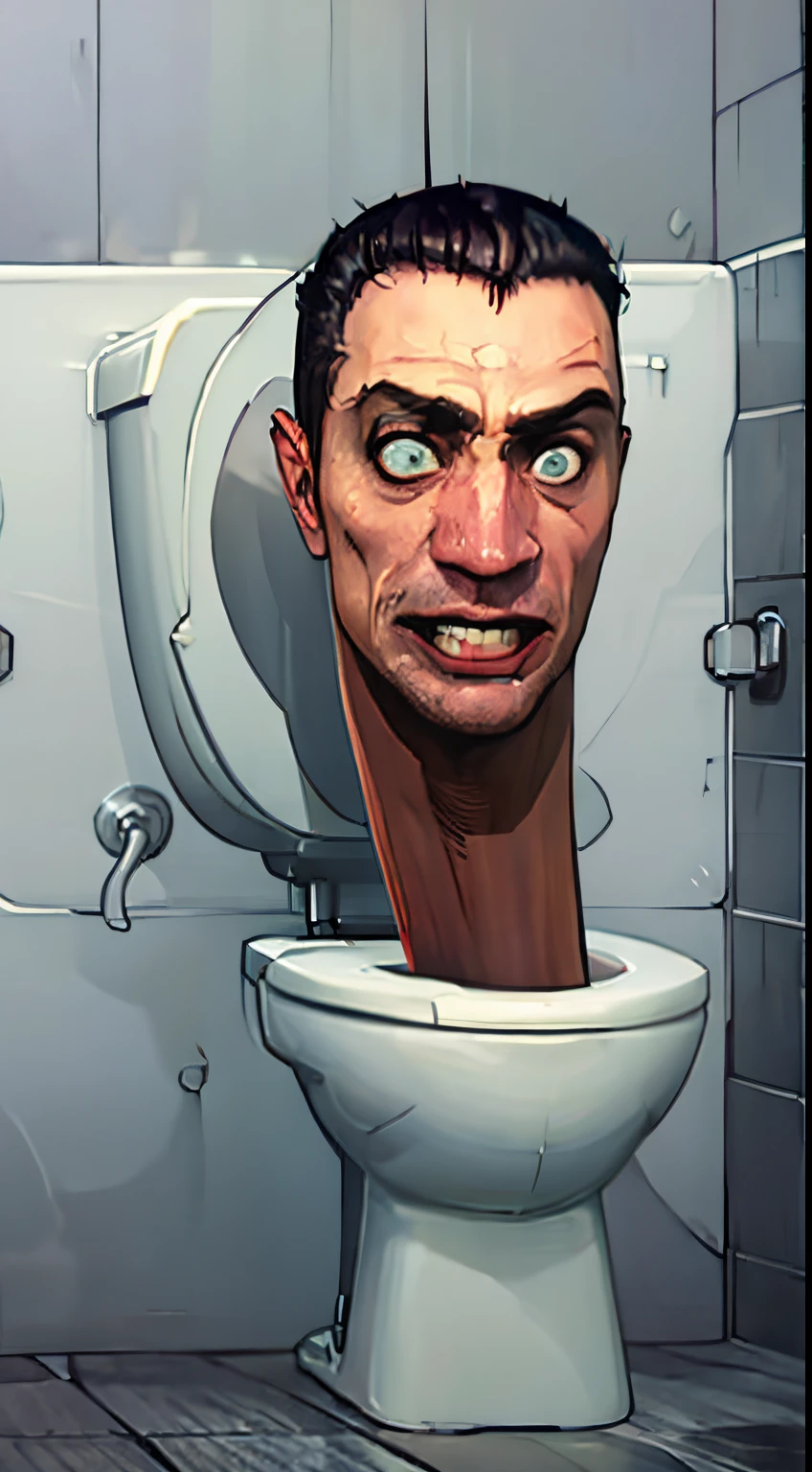 Cartoon of a man with a face on a toilet in a bathroom - SeaArt AI