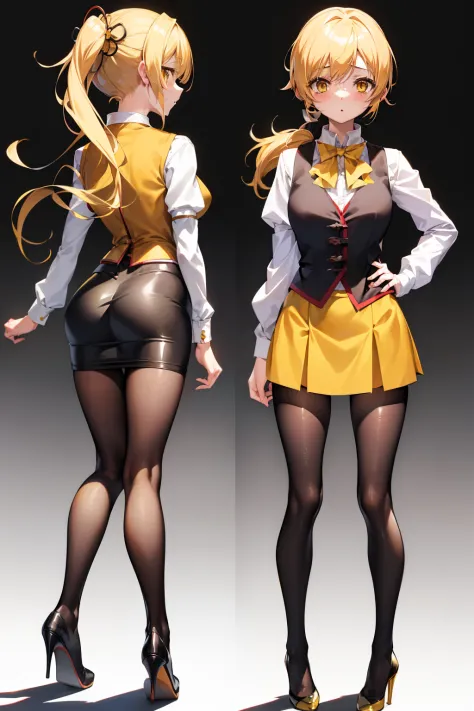 masutepiece, Best Quality, 1girl in, (Mami Tomoe), Blonde hair, poneyTail, length hair, (Yellow eyes:1.2), evening, Sunset,、((s ass))、((pencil skirts))、((Office Suits))、((Blouse))、((Black miniskirt))、((pantyhose))、((high-heels))、((vests))、((posterior view)...