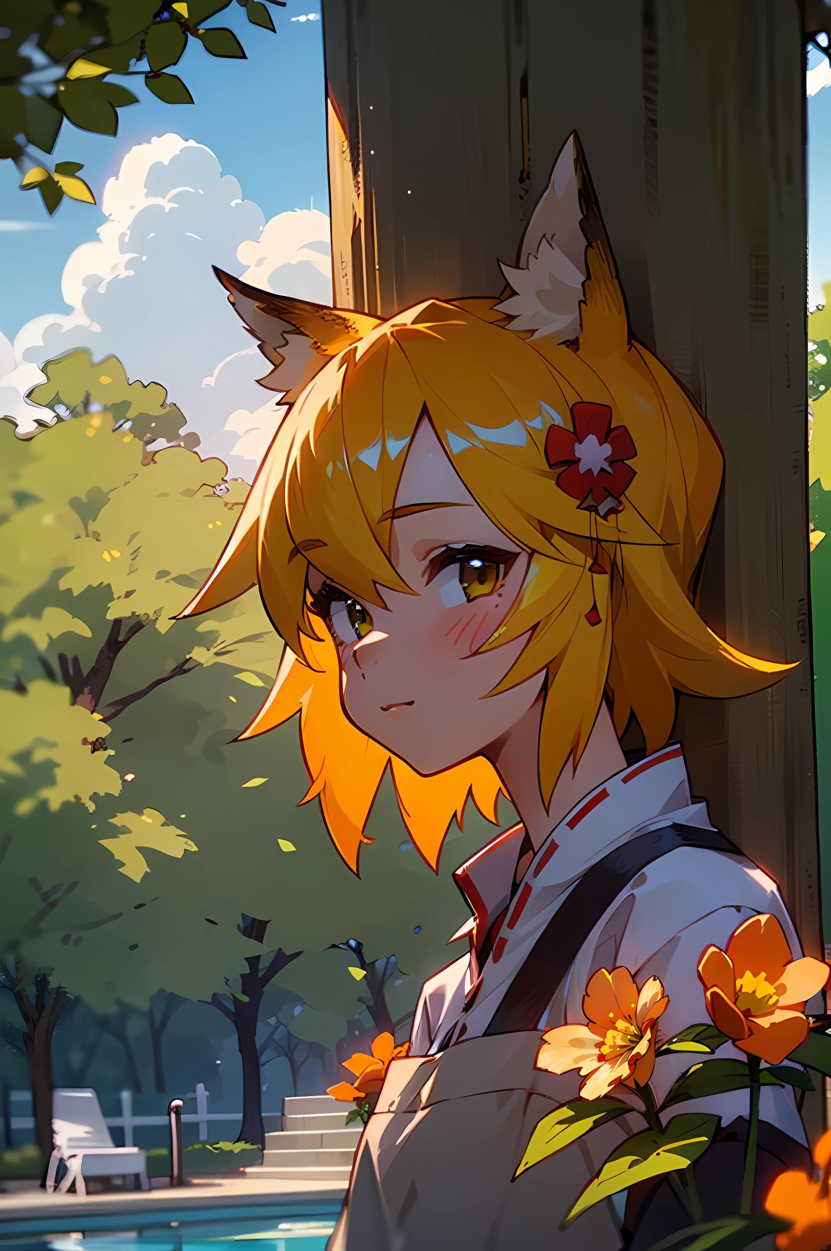 A  girl, Fox ears, field, Orange flowers. Super detailed, Detailed ears, Detail Eyes, Girls 4K, Detailed flowers, beautiful clouds, detailed blocks, Beautiful trees, trees in the background, Detailed trees, looks at the viewer, Green leaves, chlorine.