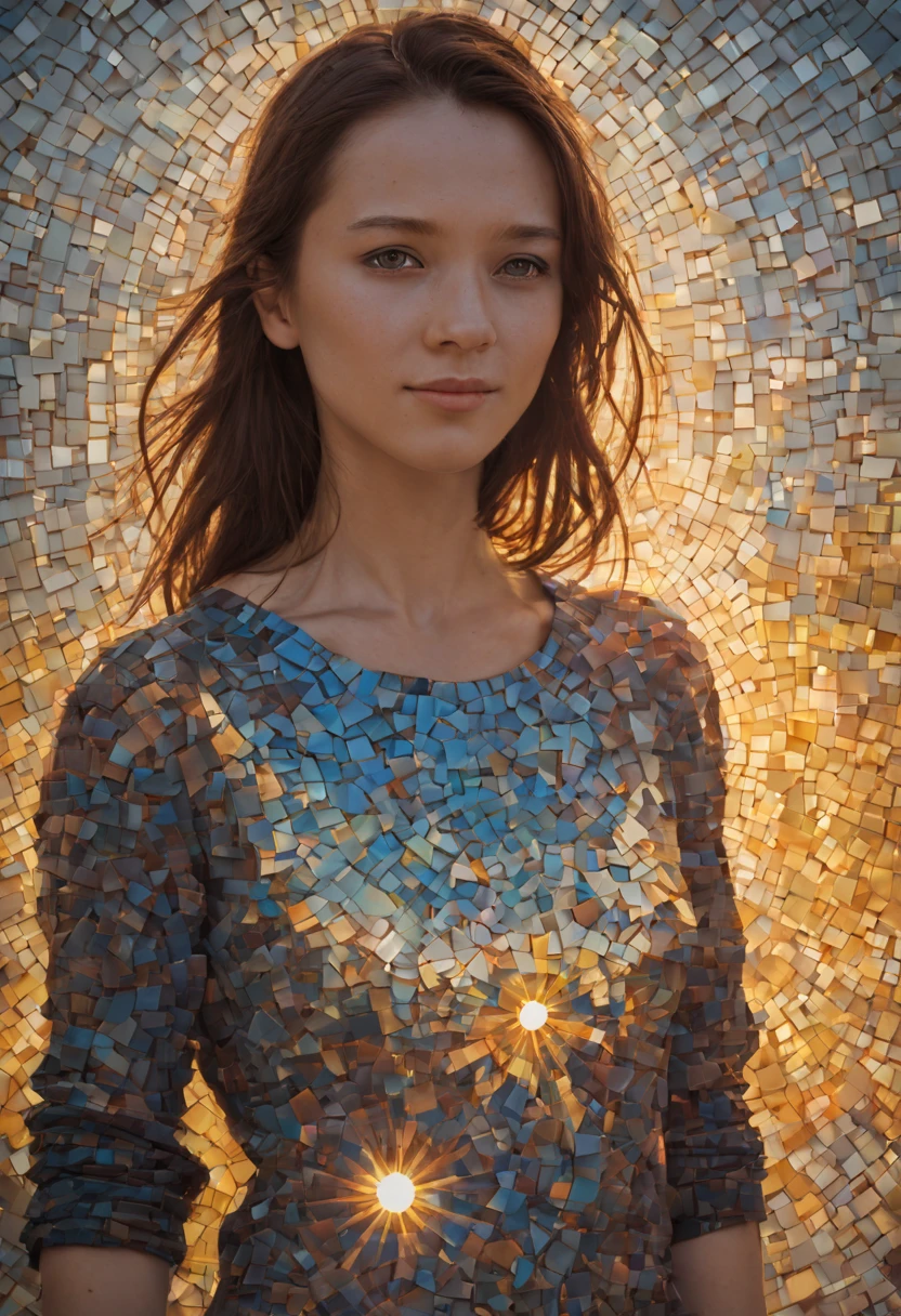 portrait of a girl ,radiation mosaic:1.2, catch the sun:0.8, like shards of glass，Inject warmth and energy into a space:0.4 Flash and dance.