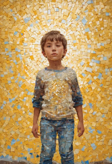 portrait of a boy ,radiation mosaic:1.2, catch the sun:0.8, like shards of glass，inject warmth and energy into a space:0.4 flash...