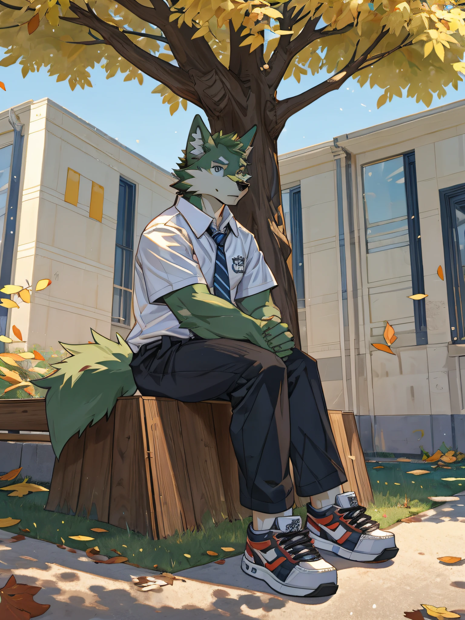 furry,bara,Shota,wolf,masculine,light green fur,Light Green,Wear a school shirt..,black pants,wear school shoes,Look straight ahead.,Sitting on a long chair under a tree,There were a few leaves that didn&#39;t fly away..,Behind is a school building..,Age not more than 16 years