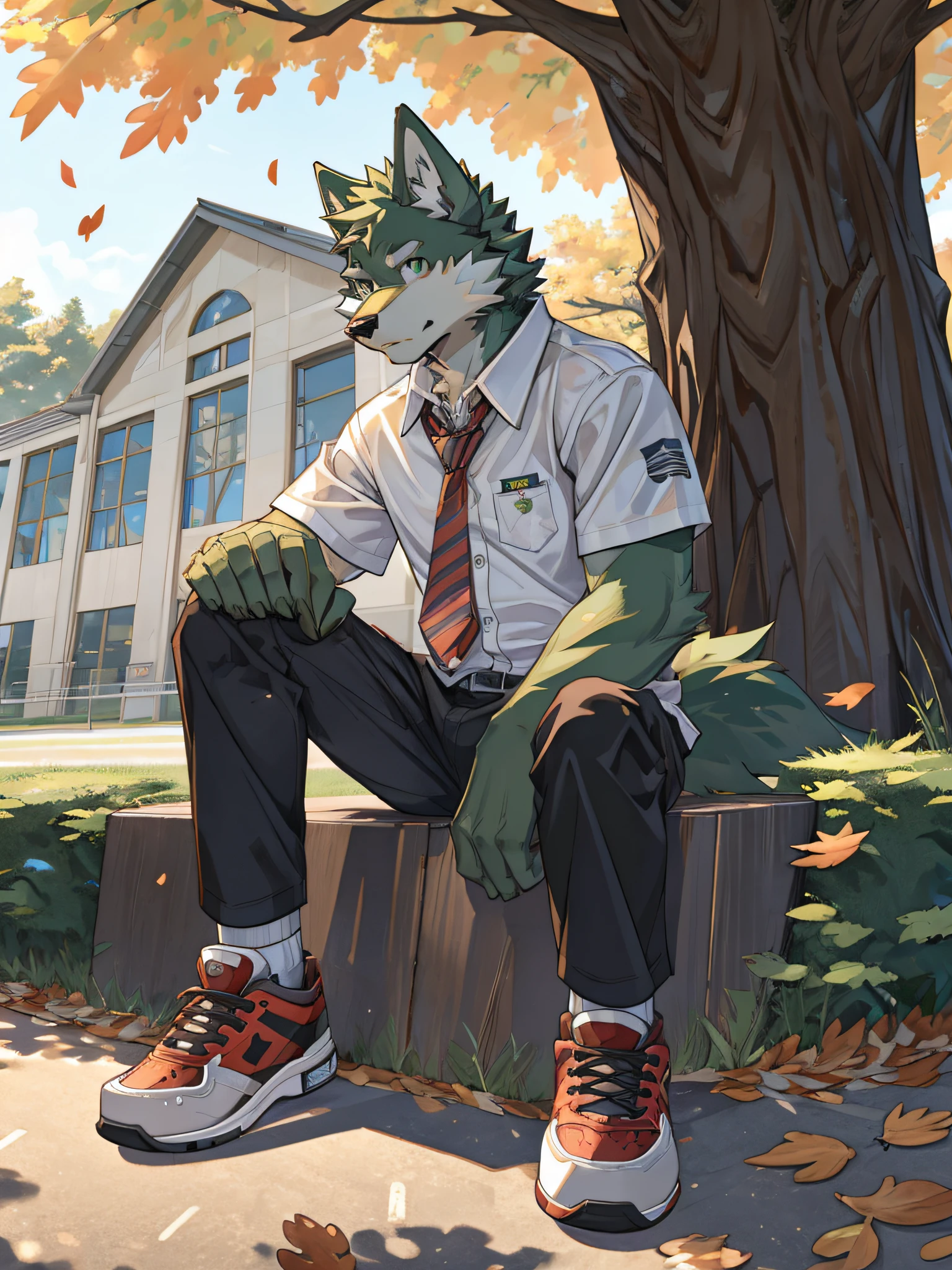 furry,bara,Shota,wolf,masculine,light green fur,Light Green,Wear a school shirt..,black pants,wear school shoes,Look straight ahead.,Sitting on a long chair under a tree,There were a few leaves that didn&#39;t fly away..,Behind is a school building..,Age not more than 16 years