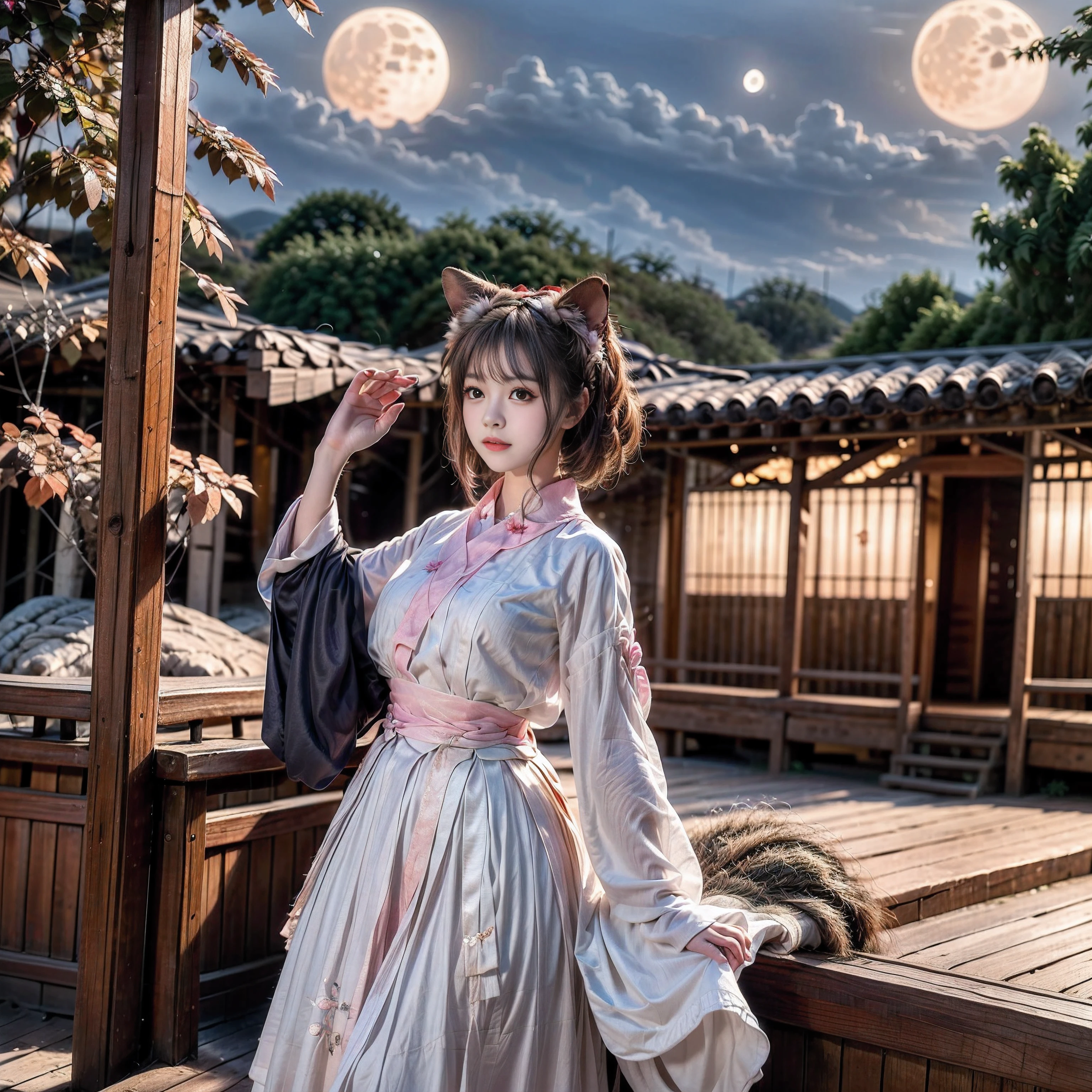 1girl, brown hair, brown eyes, bangs pinned back, forehead, animal ears, animal tail, very long sleeves, petite, kimono, :3, smug, outdoors, night sky, moon, bamboo