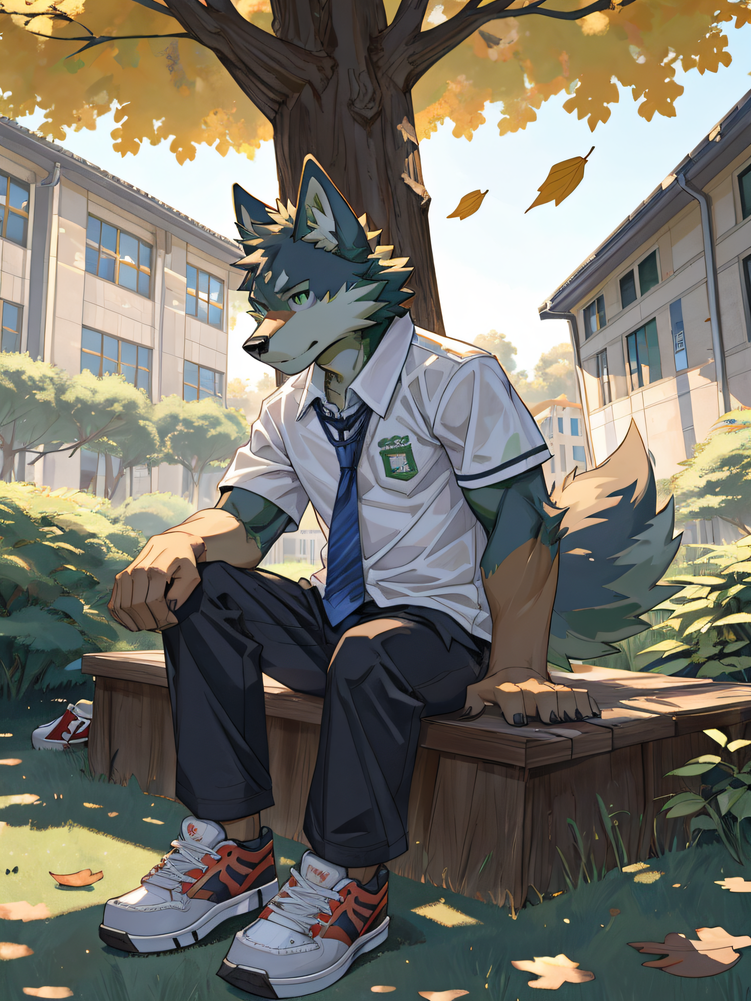 furry,bara,Shota,wolf,masculine,light green fur,Light Green,Wear a school shirt..,black pants,wear school shoes,Look straight ahead.,Sitting on a long chair under a tree,There were a few leaves that didn&#39;t fly away..,Behind is a school building..,Age not more than 16 years