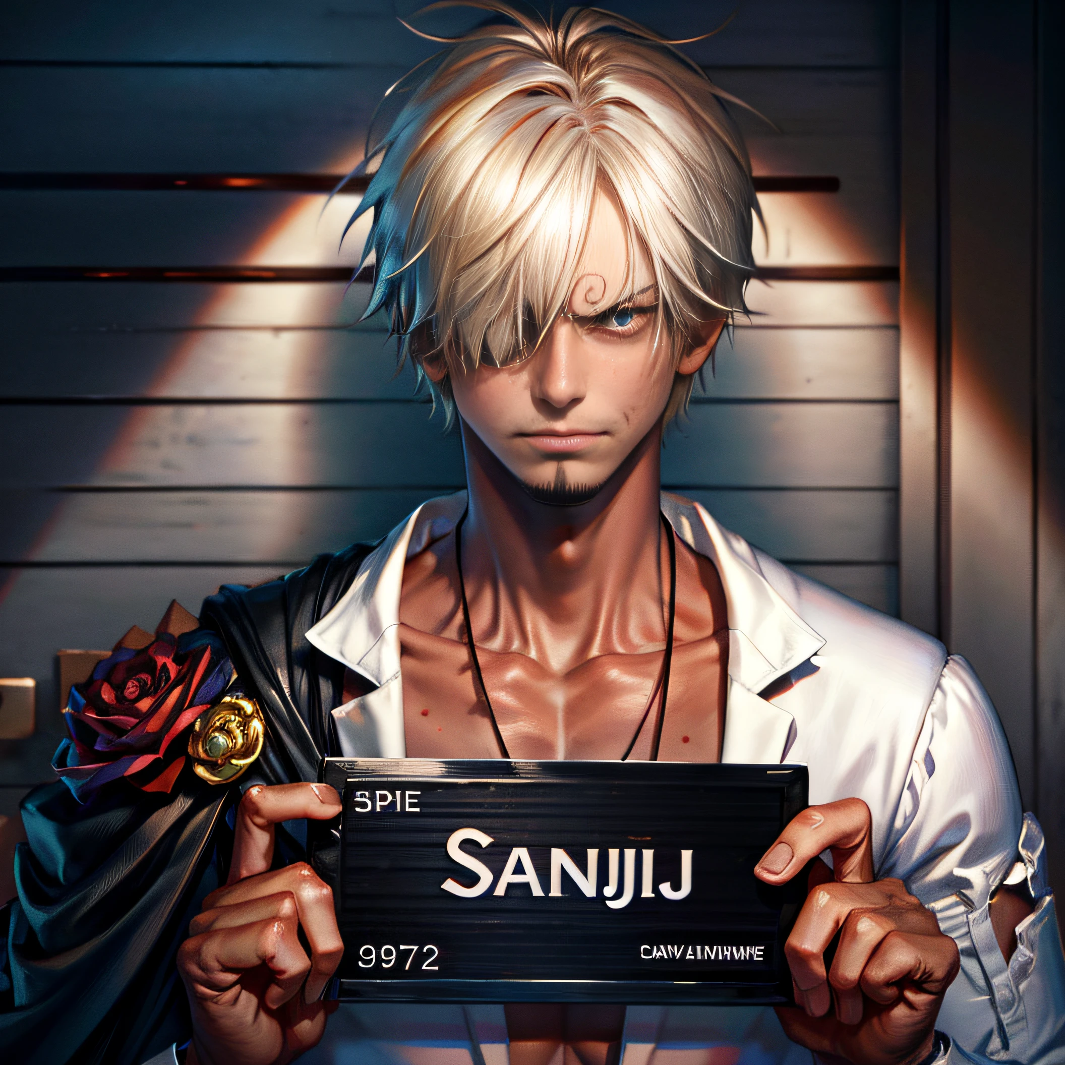 , sinister, male, looking at the camera, ultra realistic, fully detailed, cemetery environment, bright eyes, white dress torn and stained with blood, bones exposed, putrid wounds, sensual, terrifying, bruised by the body, exposed fracture in the collarbone, slight smile, super detailed, white eyes,gun shots in the body, Vinsmoke Sanji, Clear eyes,