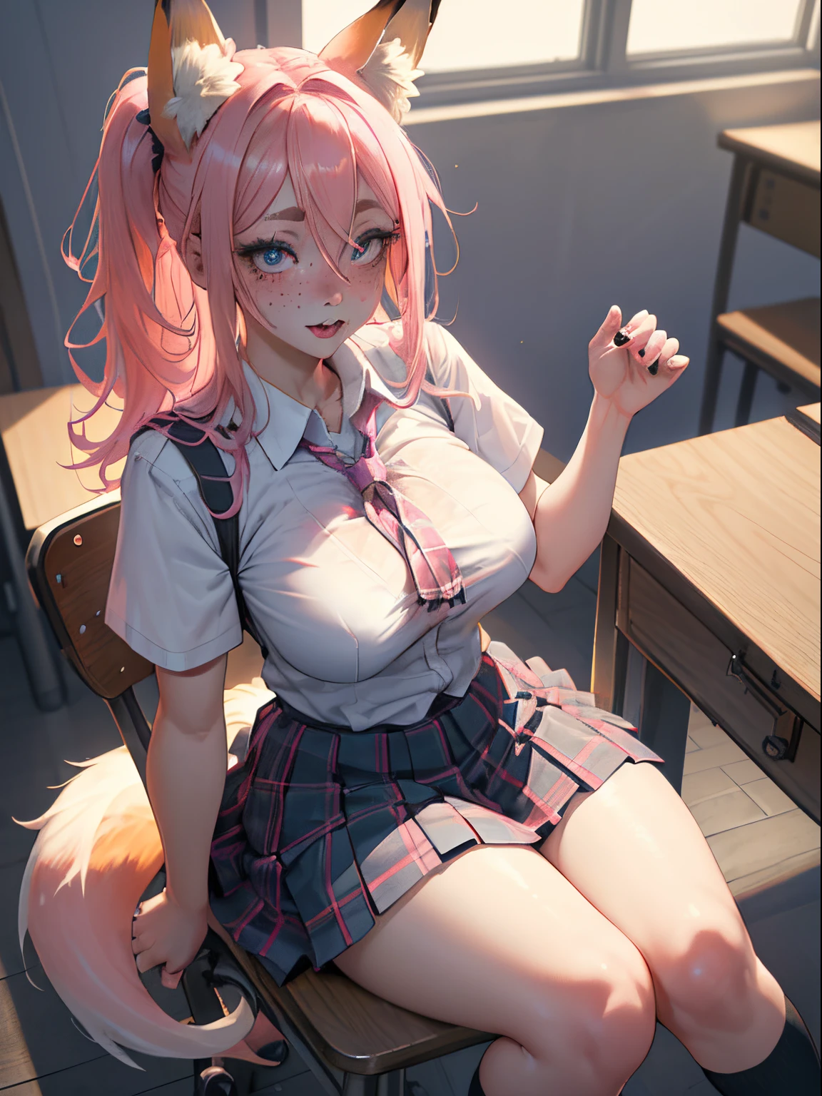 Anime girl with pink hair sitting on a chair in a room - SeaArt AI