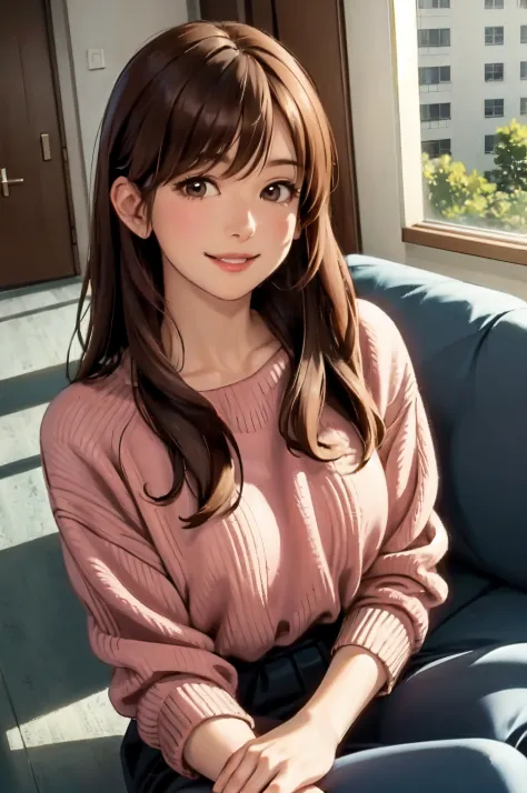 1lady standing, /(oversized sweater/) v-neck, mature female, /(brown hair/) bangs, blush kind smile, (masterpiece best quality:1...