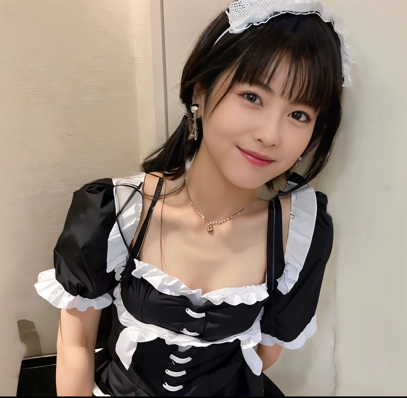 A close up of a woman in a maid outfit posing for a picture - SeaArt AI