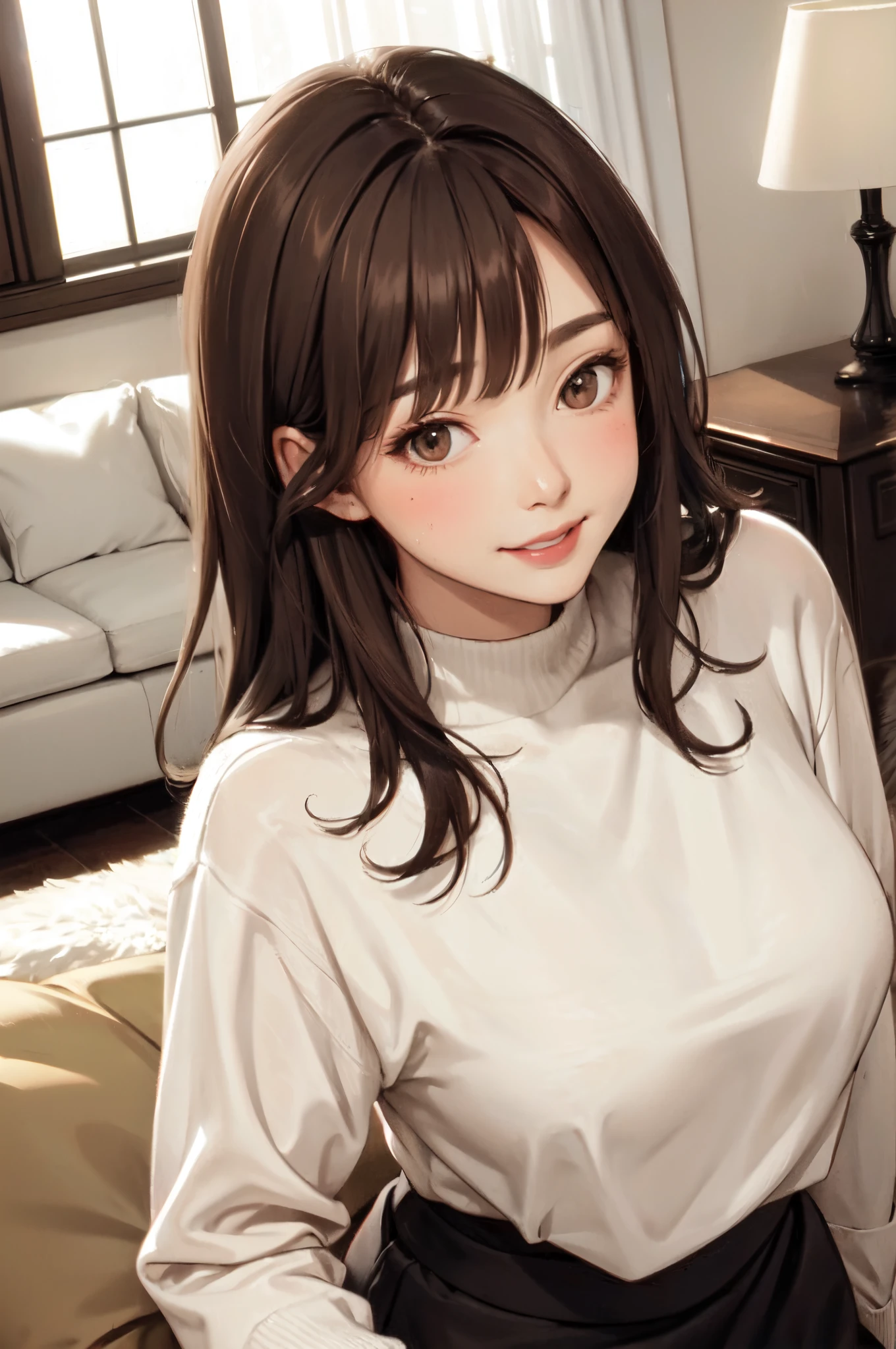 1lady standing, /(oversized sweater/) v-neck, mature female, /(brown hair/) bangs, blush kind smile, (masterpiece best quality:1.2) delicate illustration ultra-detailed, large breasts pantyhose BREAK /(modern house living room/) indoors