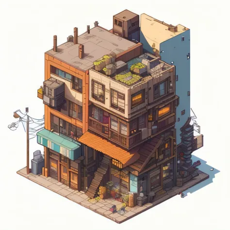 A close-up of a building with a staircase and a balcony, isometric art, isometric pixel art, Art of isometric voxel, pixel art i...
