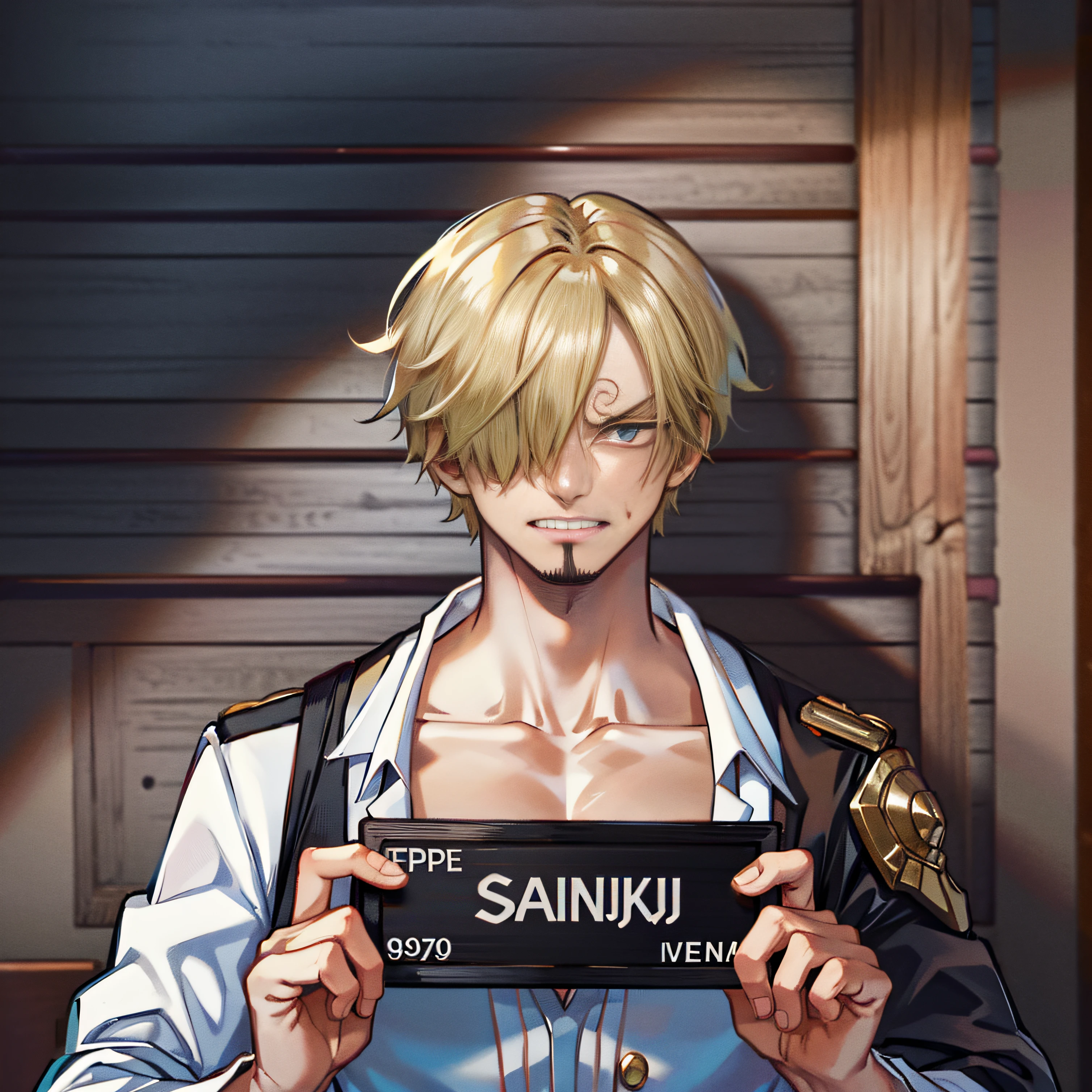 , sinister, male, looking at the camera, ultra realistic, fully detailed, cemetery environment, bright eyes, white dress torn and stained with blood, bones exposed, putrid wounds, sensual, terrifying, bruised by the body, exposed fracture in the collarbone, slight smile, super detailed, white eyes,gun shots in the body, Vinsmoke Sanji, Clear eyes,