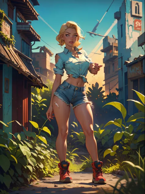 2076 year. the urban ruins of the wasteland, female huntress picking fruit in the garden, beautiful face, blonde, badly torn shi...