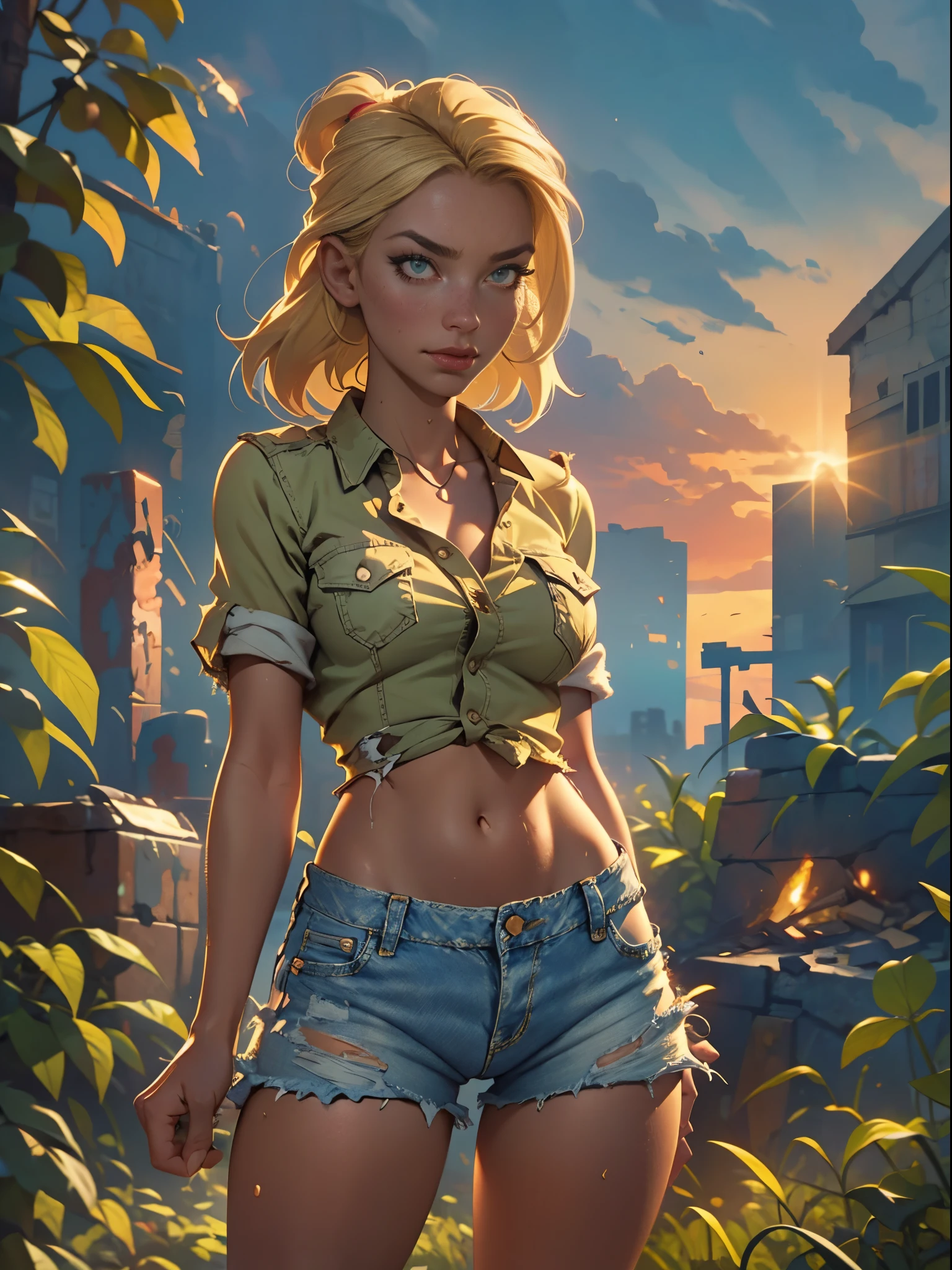 2076 year. The Urban Ruins of the Wasteland, Female huntress picking fruit in the garden, beautiful face, blonde, badly torn shirt and denim shorts ,  long legs, sweating through, sun rising, Nice warm colors, head to toe, full body shot, pretty hands, perfect fingers,