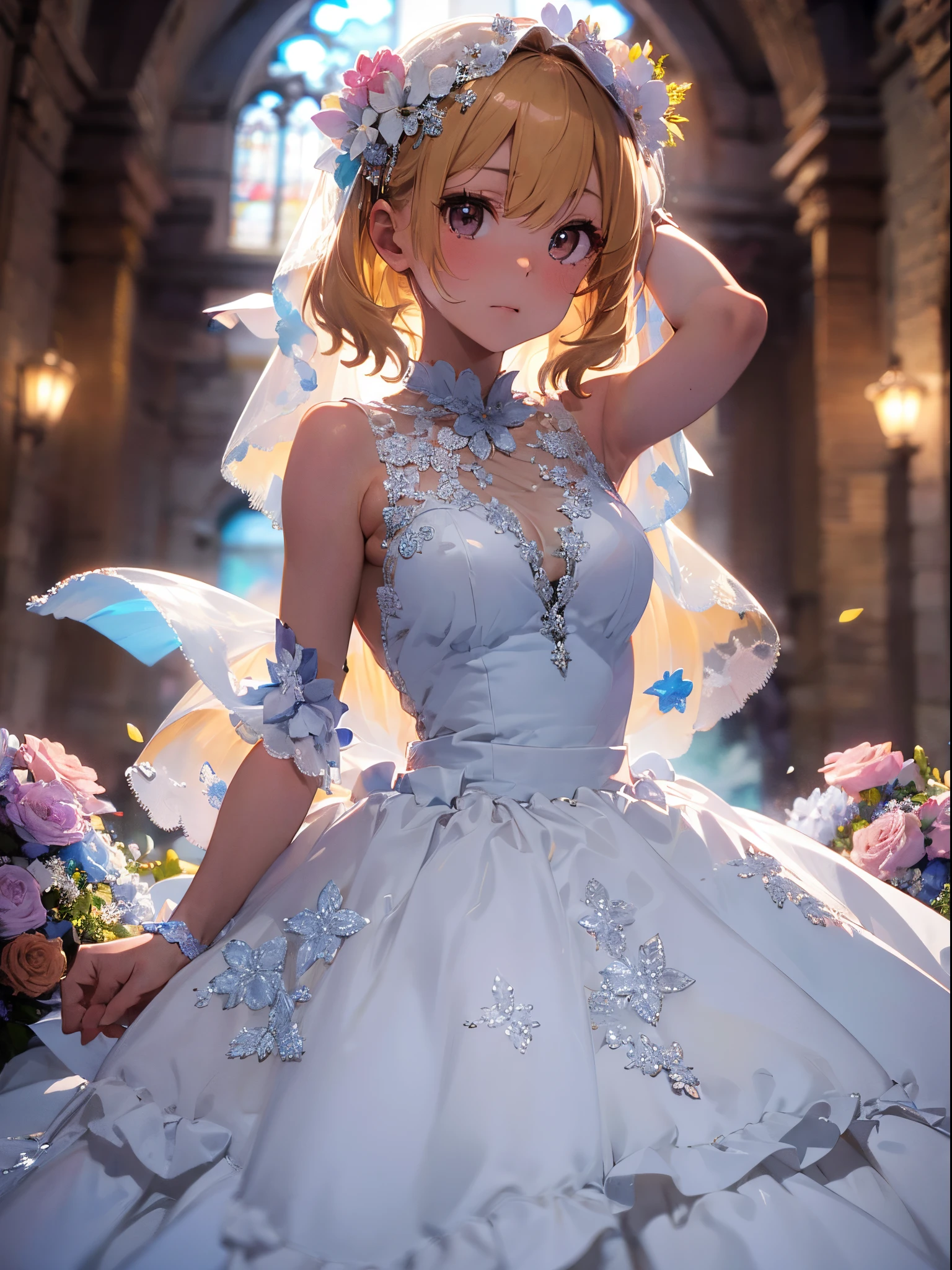 (Best Picture Quality, 4K, High Quality, Masterpiece:1.2), ((Masterpiece)), High Detail, High Quality, (HDR,16k, RAW Beautiful Girl Portrait, Best Picture Quality, Masterpiece:1.2), (Ultra-Definition Illustration), extremely beautiful, blond wavy short hair, round face, (Petite girl:1.1), church, flower petal, audience, beautiful light, gorgeous wedding dress, sleeveless, wedding veil, tied two wrist, armpits, embarrassed,