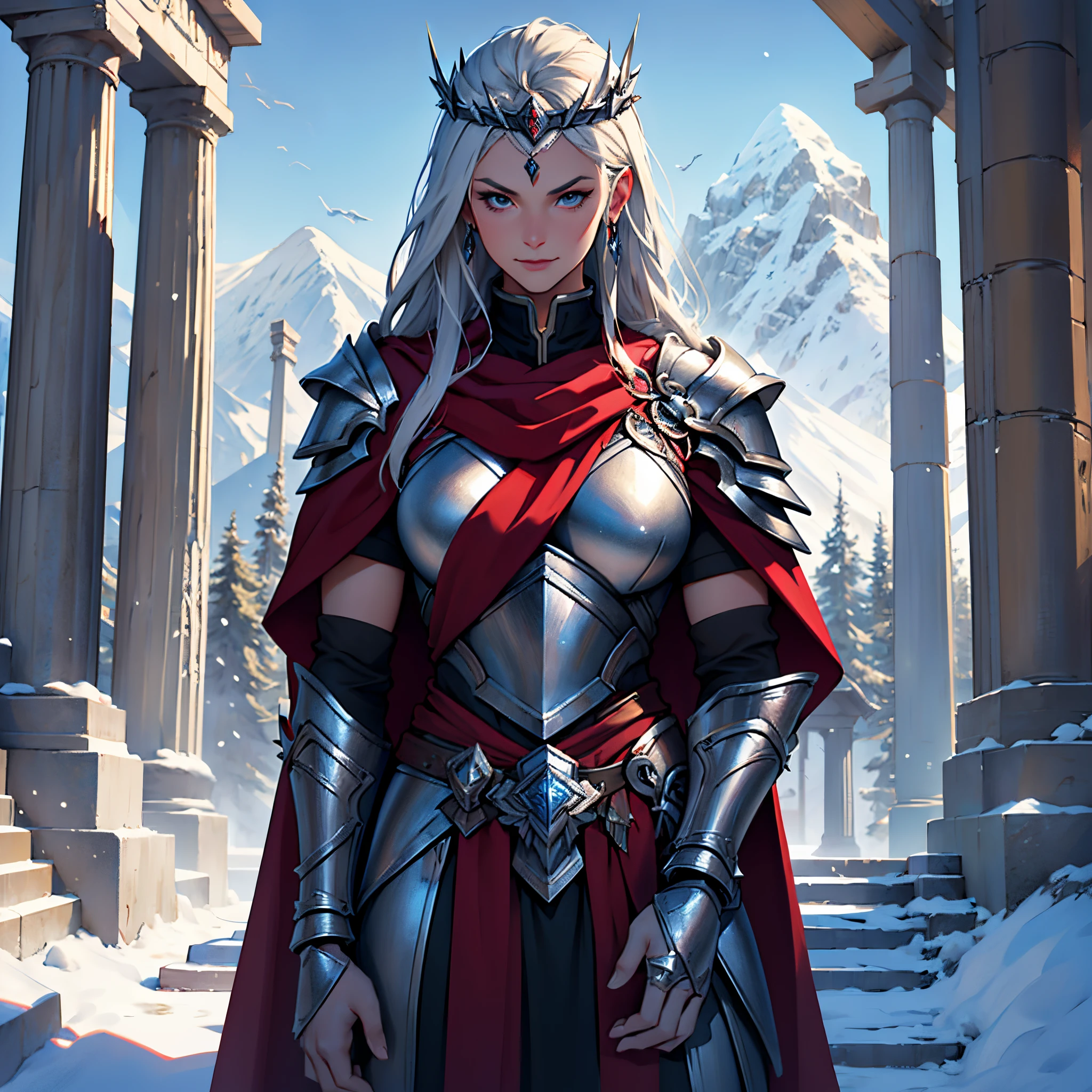 걸작, 최고의 품질, 4K, 배경:멀리 눈 덮인 산이 보이는 그리스 신전의 눈 덮인 계단 앞, One female Valkyrie warrior wearing silver armor and 진한 빨간색 cape, 진한 빨간색, 매우 긴, 스트레이트 헤어, 아름다운 얼굴 , 왕관, 공상, 클로즈업 인물 사진