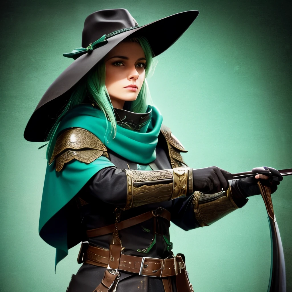 Stylistics of the Middle Ages, heroic fantasy, hunter, black leather hat, Bow , listen suspiciously, Portrait on the shoulders, plain dark green background with a turquoise gradient