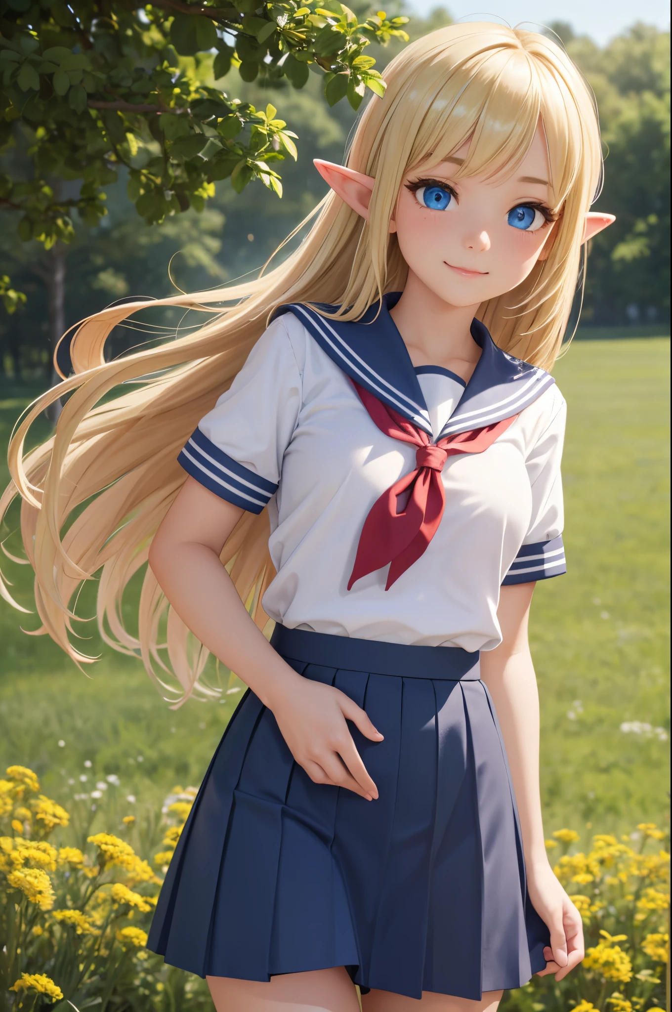 nsf, 4K resolution, masterpiece, best quality, intricate detail, ultra detailed, High definition, realistic face, extremely beautiful, beautiful detailed face, beautiful body, beautiful detailed eyes, hyperrealistic character, photorealistic, realistic picture, country girl, lolita, girl focus, light smile, 1girl, elf girl, asian-face, blonde hair, pointy ears, blue eyes, small breasts, school uniform, summer uniform, hands on own thighs, hand on hand, sailor shirt, red neckerchief, skirt, girl standing in a field with plants in the background and a tree