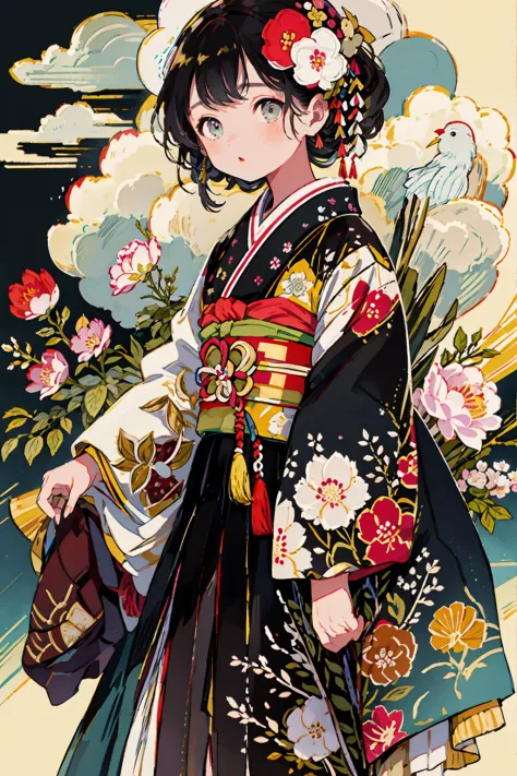 1girl in、florals、obi、obsidian、banya、
florals、print kimono、steampunc、Watches、chicken、Gaze at the sky、Single-color background、