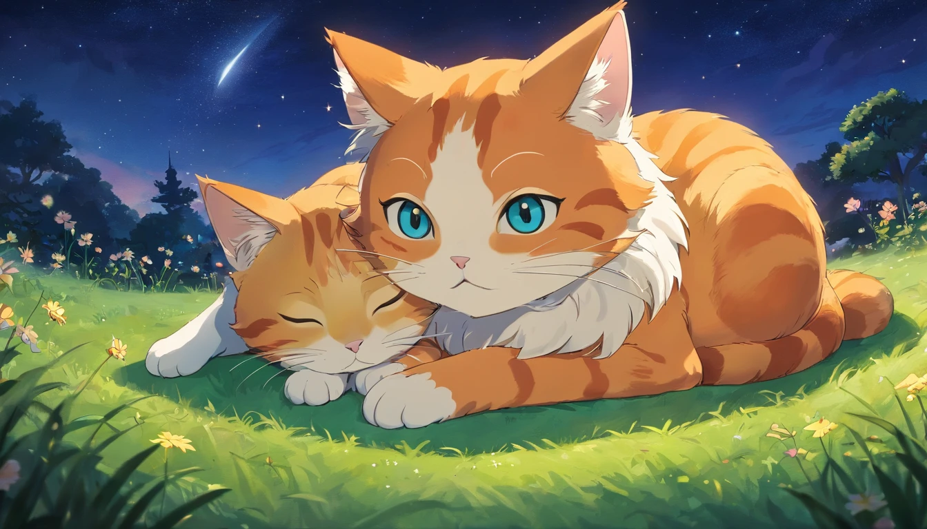 Anime cat laying on grass with blue eyes and a yellow cat - SeaArt AI