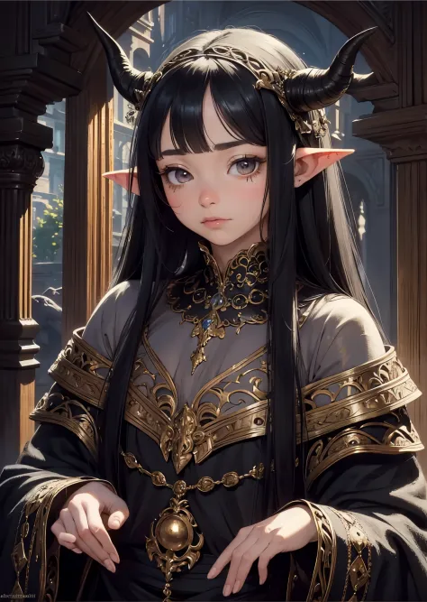 most beautiful artwork in the world, gelfling,black hair long, little horns on head, realistic, intricate detail, nostalgia, Int...