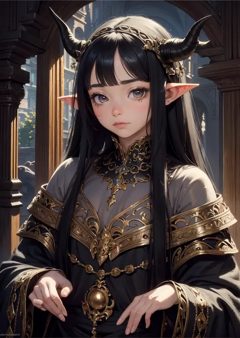 most beautiful artwork in the world, gelfling,black hair long, little horns on head, realistic, intricate detail, nostalgia, int...