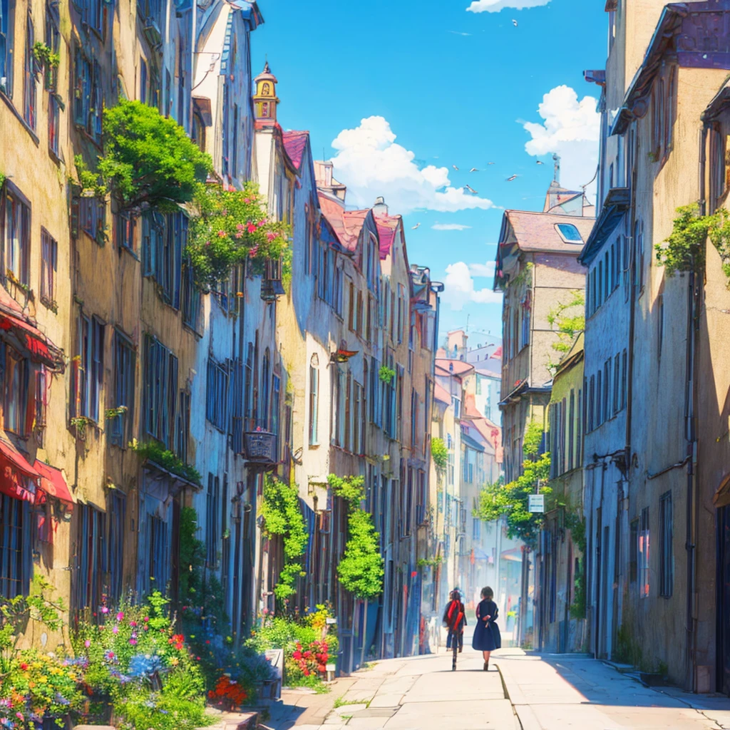 European style narrow street，like the wizarding world of harry potter， Anime background art, anime style cityscape, Magical and colorful magical world， beautiful anime scenery, There are orcs on the street，Leprechaun，Little monsters chatting on the street